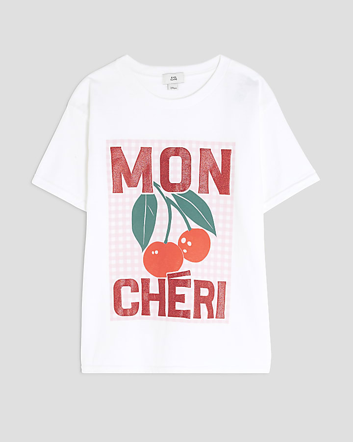 Girls White Mon Cheri Cherry Glitter T-Shirt