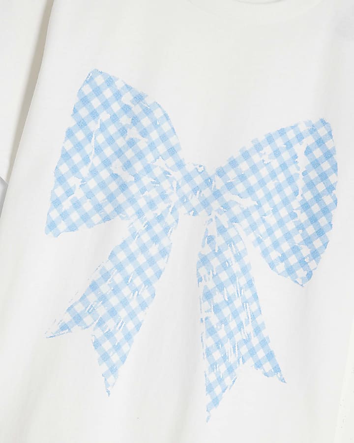 Girls White Gingham Bow T-Shirt