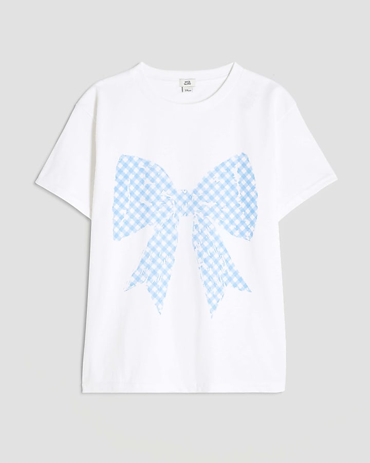 Girls White Gingham Bow T-Shirt