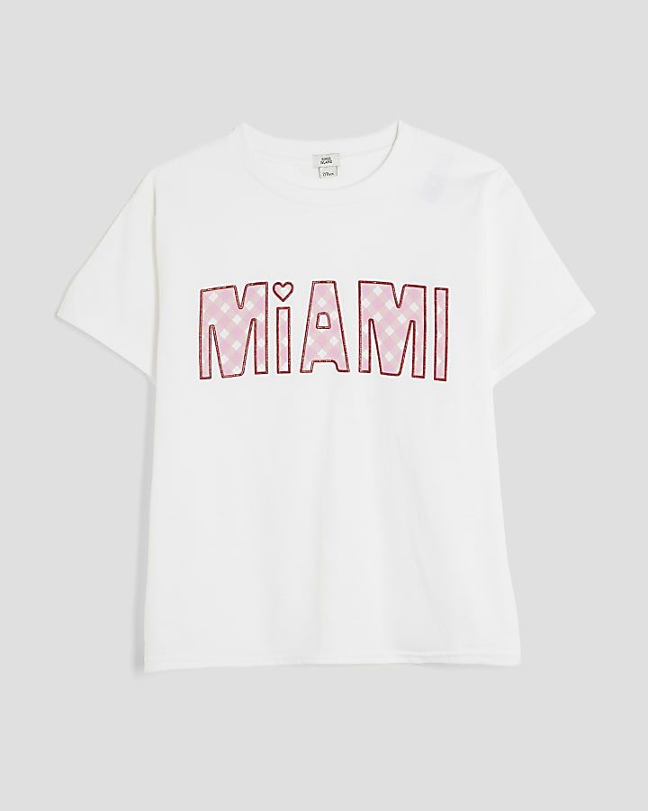Girls White Gingham Miami T-Shirt