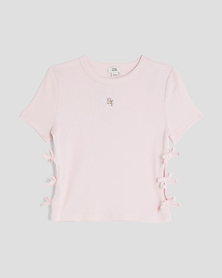 Girls Pink Ribbed Bow Side Top