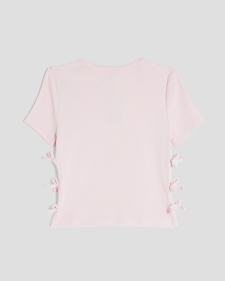 Girls Pink Ribbed Bow Side Top