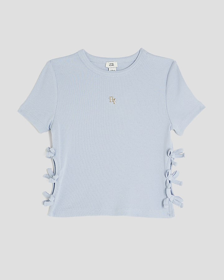 Blue Ribbed Bow Side Top