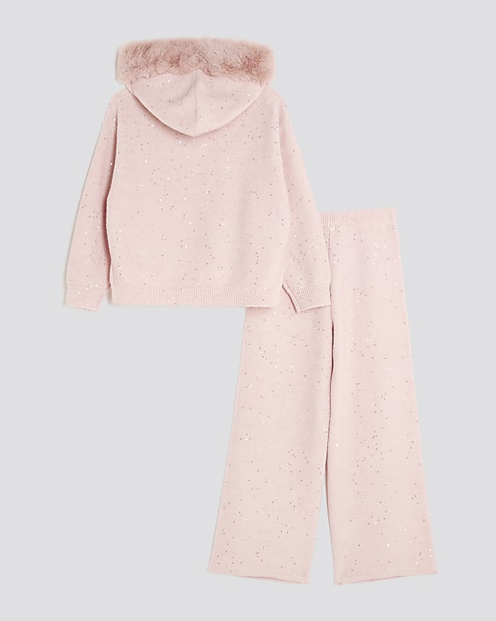 Girls Pink Sequin Faux Fur Hooded Hoodie Set