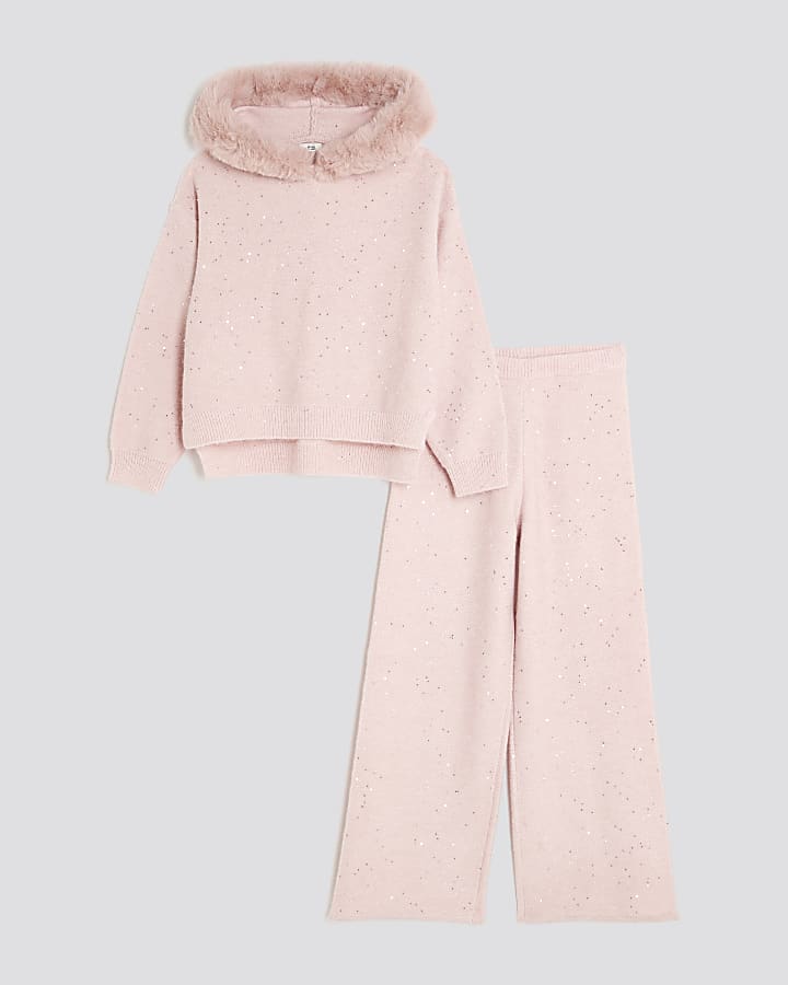 Girls Pink Sequin Faux Fur Hooded Hoodie Set