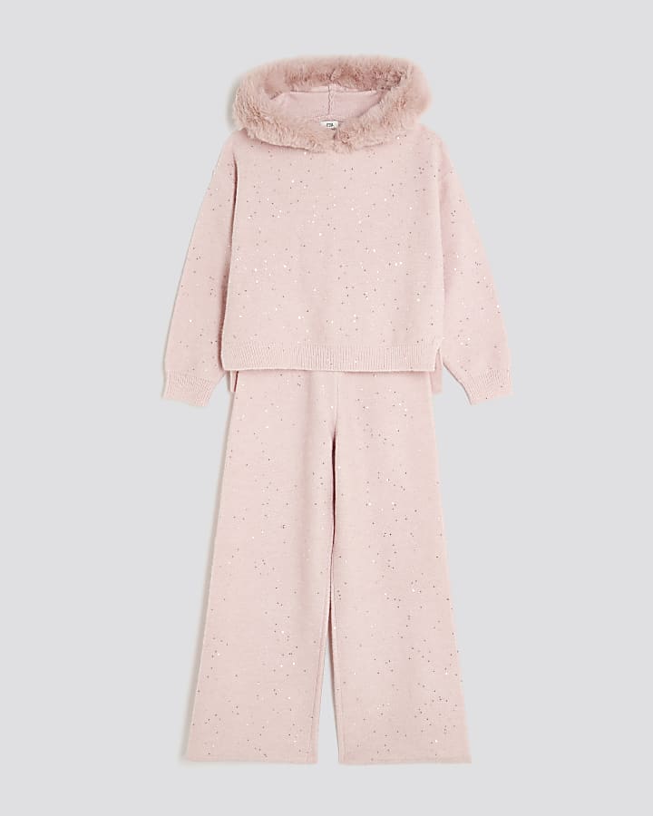 Girls Pink Sequin Faux Fur Hooded Hoodie Set
