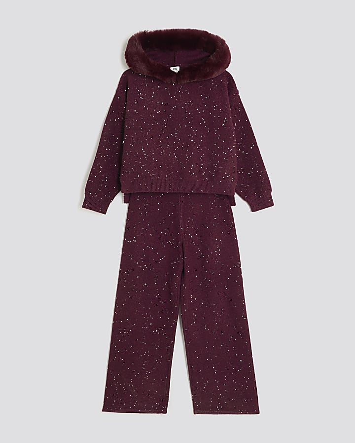 Girls Red Sequin Faux Fur Hooded Hoodie Set