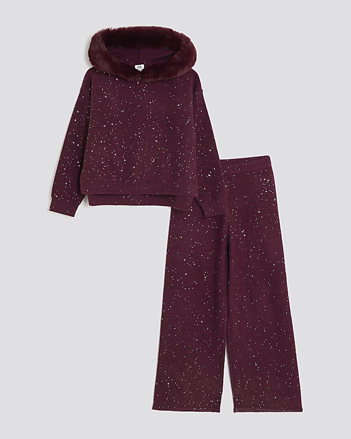Girls Red Sequin Faux Fur Hooded Hoodie Set