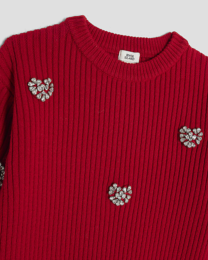 Girls Red Embellished Heart Jumper