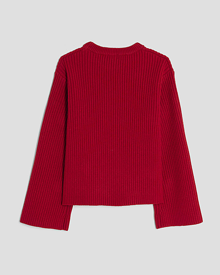 Girls Red Embellished Heart Jumper