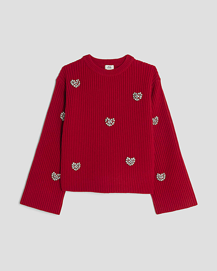 Girls Red Embellished Heart Jumper