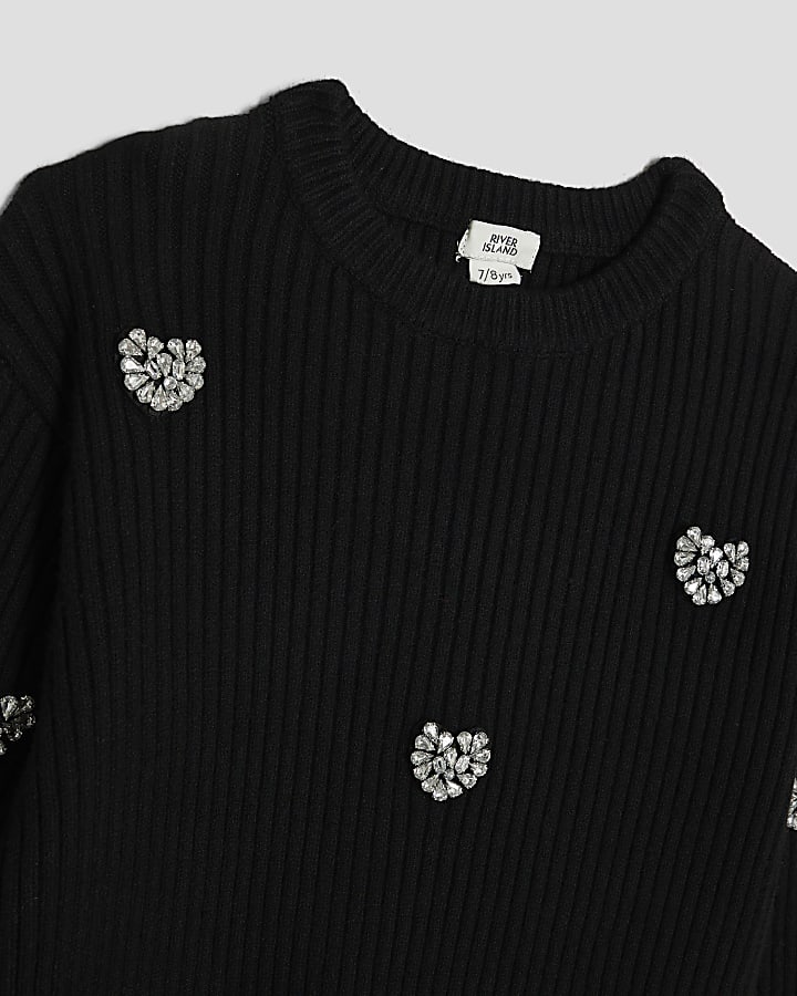 Girls Black Embellished Heart Jumper