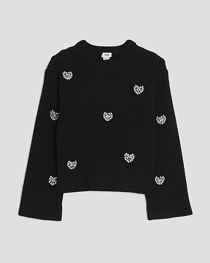 Girls Black Embellished Heart Jumper