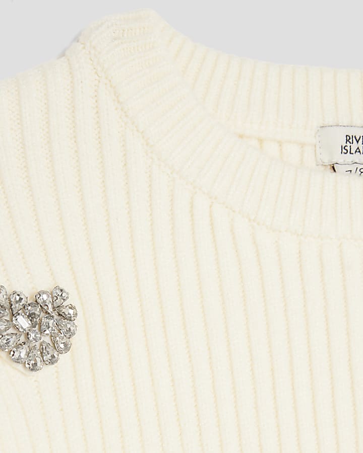 Girls White Embellished Heart Jumper