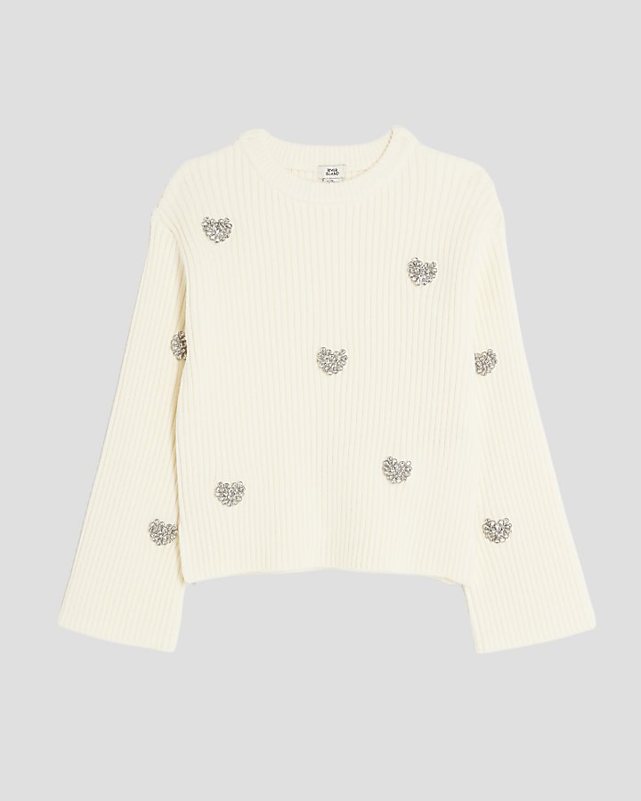 Girls White Embellished Heart Jumper