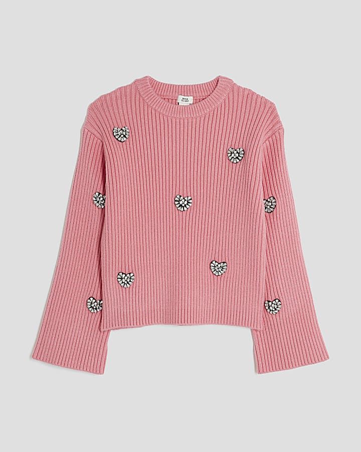 Girls Pink Embellished Heart Jumper