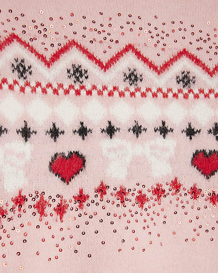 Girls Pink Knitted Sequin Fairisle Jumper Set