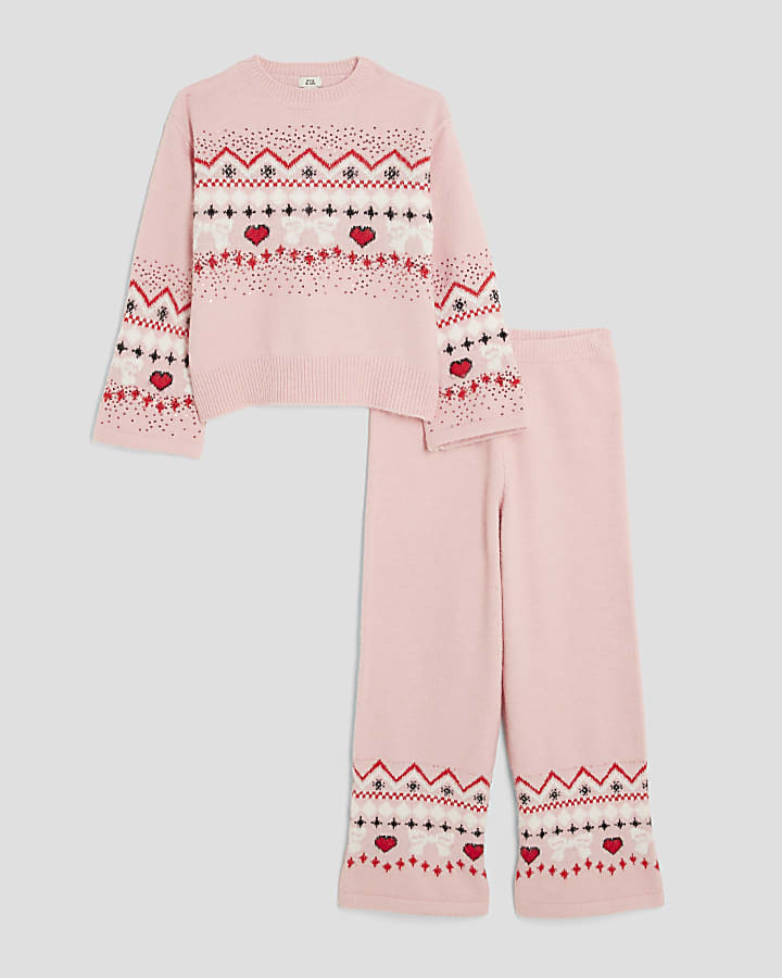 Girls Pink Knitted Sequin Fairisle Jumper Set