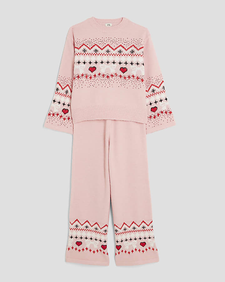 Girls Pink Knitted Sequin Fairisle Jumper Set