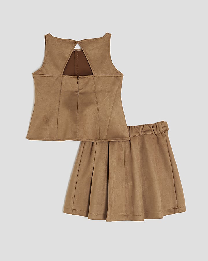 Girls Brown Faux Suede Top and Skirt Set