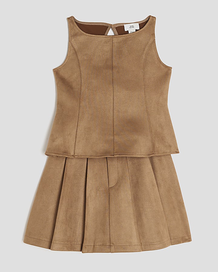 Girls Brown Faux Suede Top and Skirt Set
