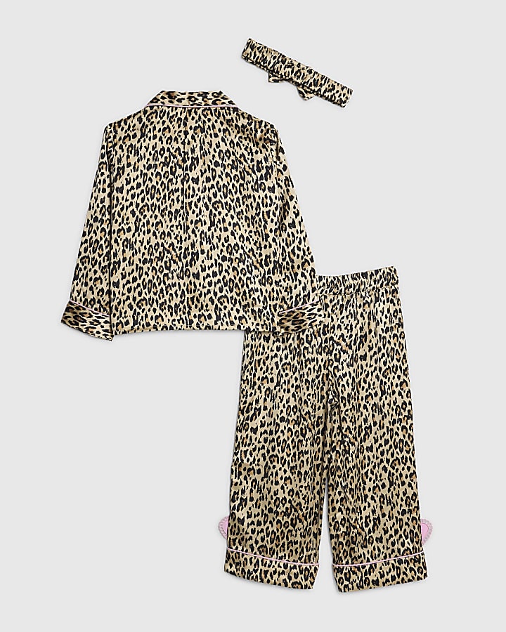 Mini Girls Brown Leopard Heart Pyjamas Set