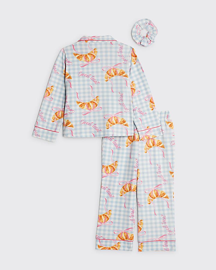 Mini Girls Blue Gingham Croissant Pyjamas Set