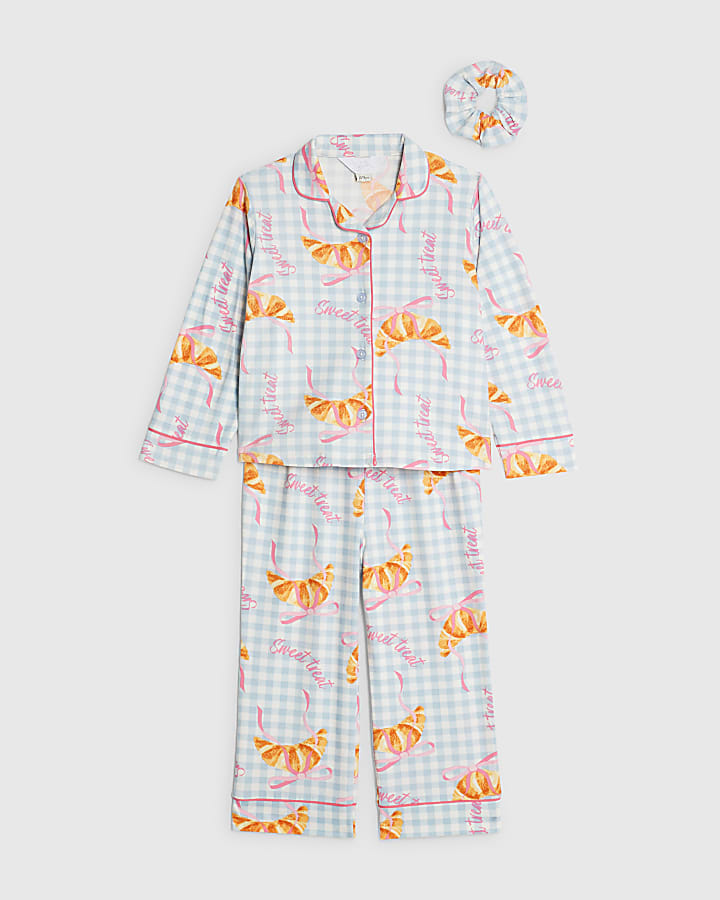 Mini Girls Blue Gingham Croissant Pyjamas Set