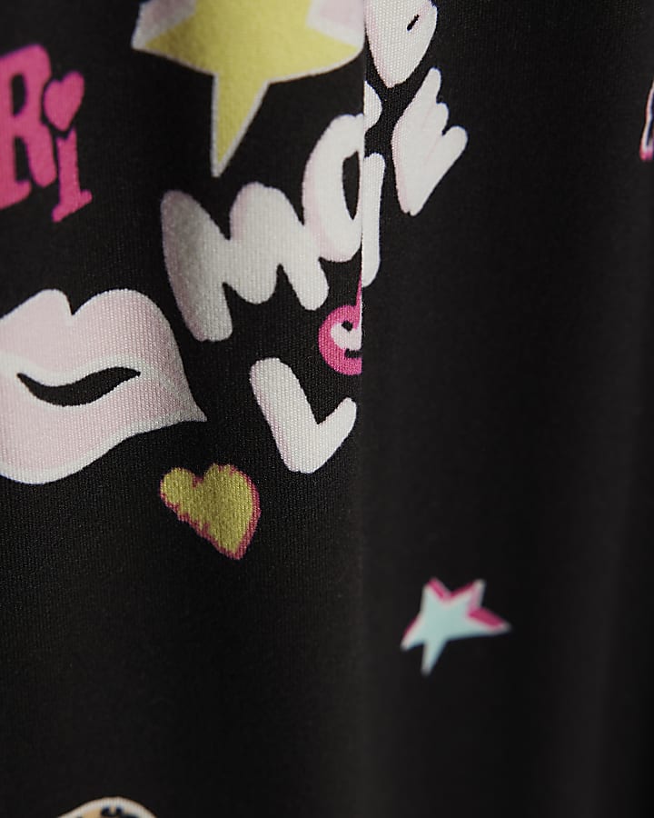 Girls Black Graffiti Print Pyjamas Set