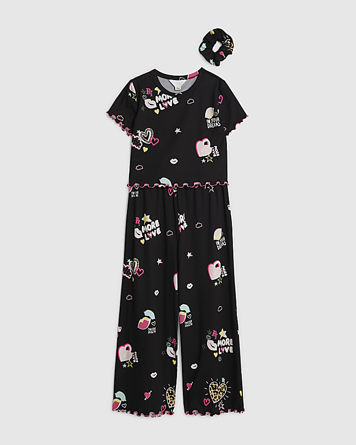 Girls Black Graffiti Print Pyjamas Set