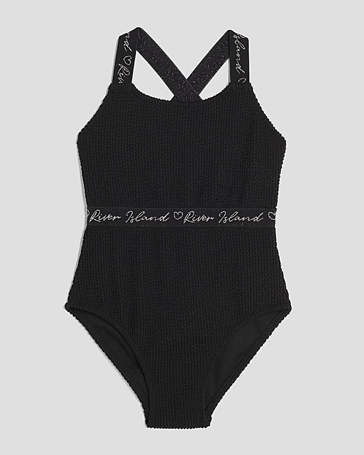 Girls Black Textured Swimsuit