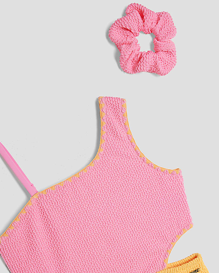 Girls Pink Colour Block Textured Swimsuit Set