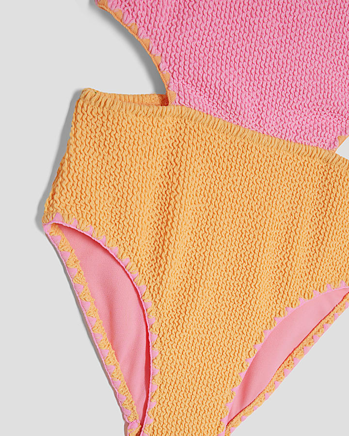 Girls Pink Colour Block Textured Swimsuit Set