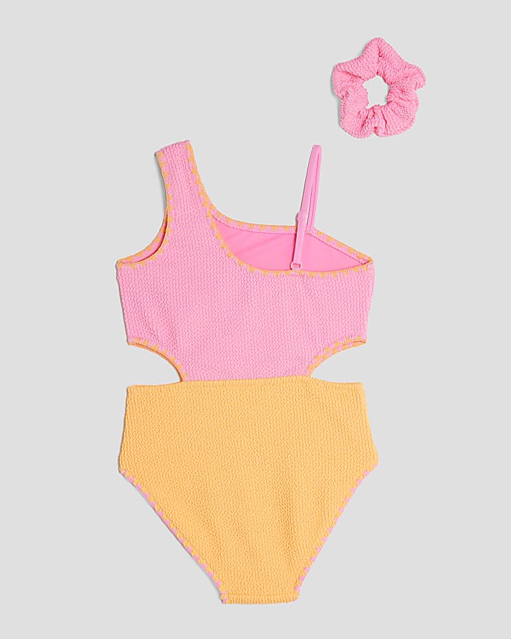 Girls Pink Colour Block Textured Swimsuit Set