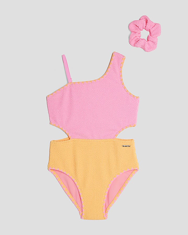 Girls Pink Colour Block Textured Swimsuit Set