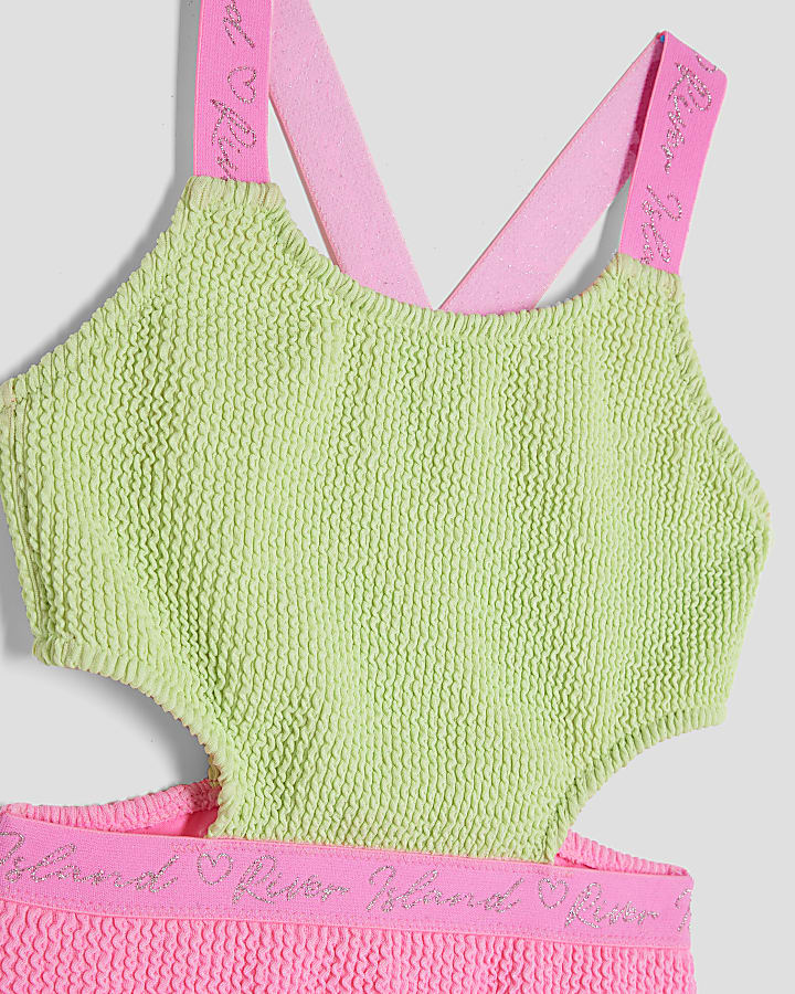 Girls Green Textured Colour Block Swimsuit