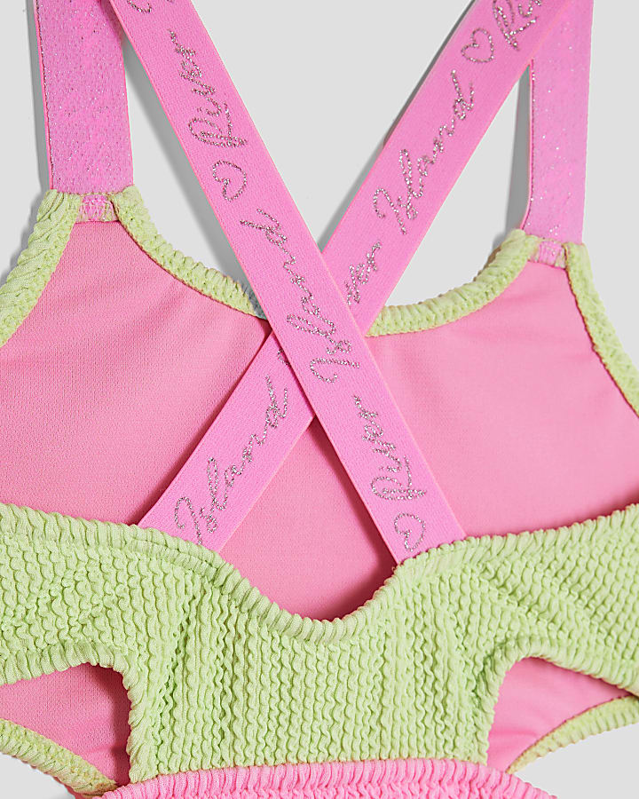 Girls Green Textured Colour Block Swimsuit