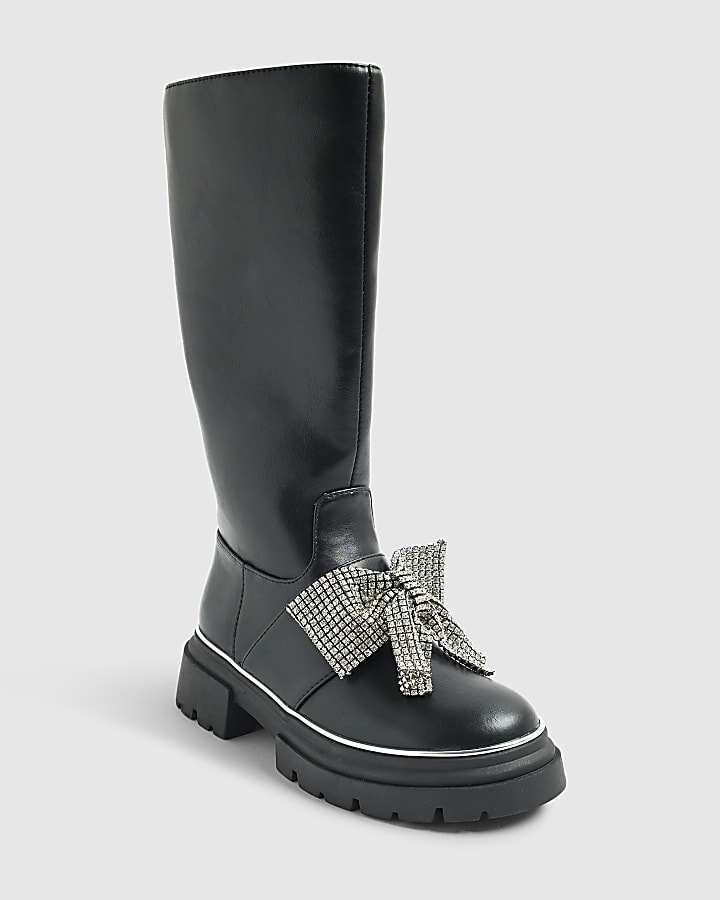 Girls Black Diamante Bow Knee High Boots
