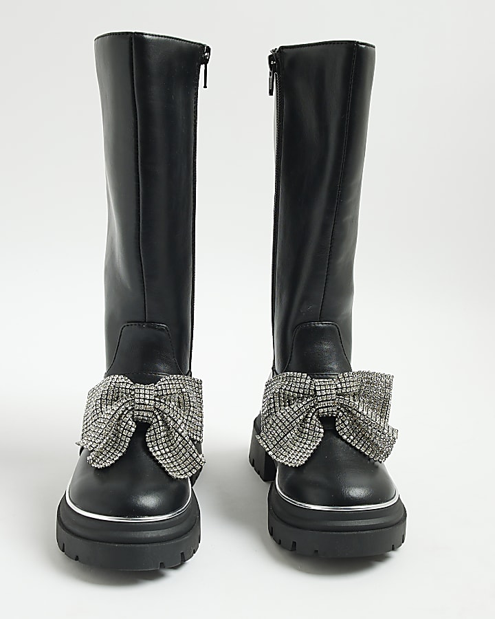 Girls Black Diamante Bow Knee High Boots