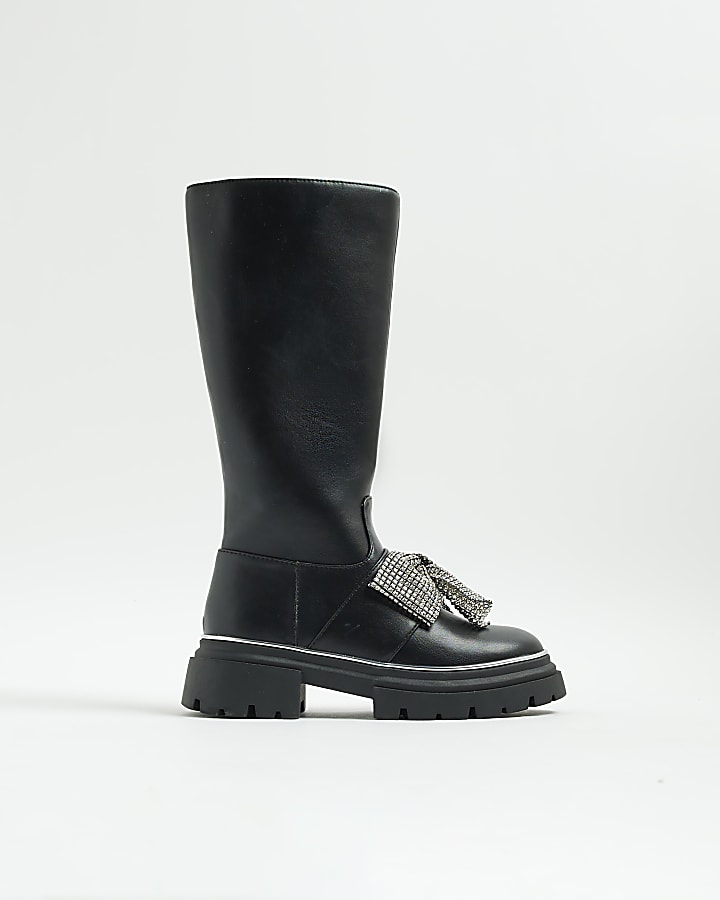 Girls Black Diamante Bow Knee High Boots