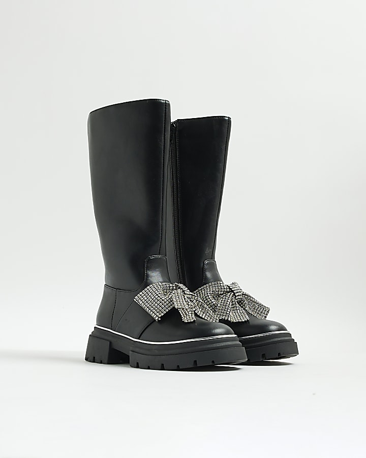 Girls Black Diamante Bow Knee High Boots