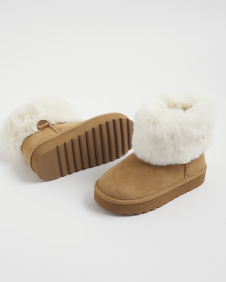 Girls Brown Fur Lined Fur Cuff Boots