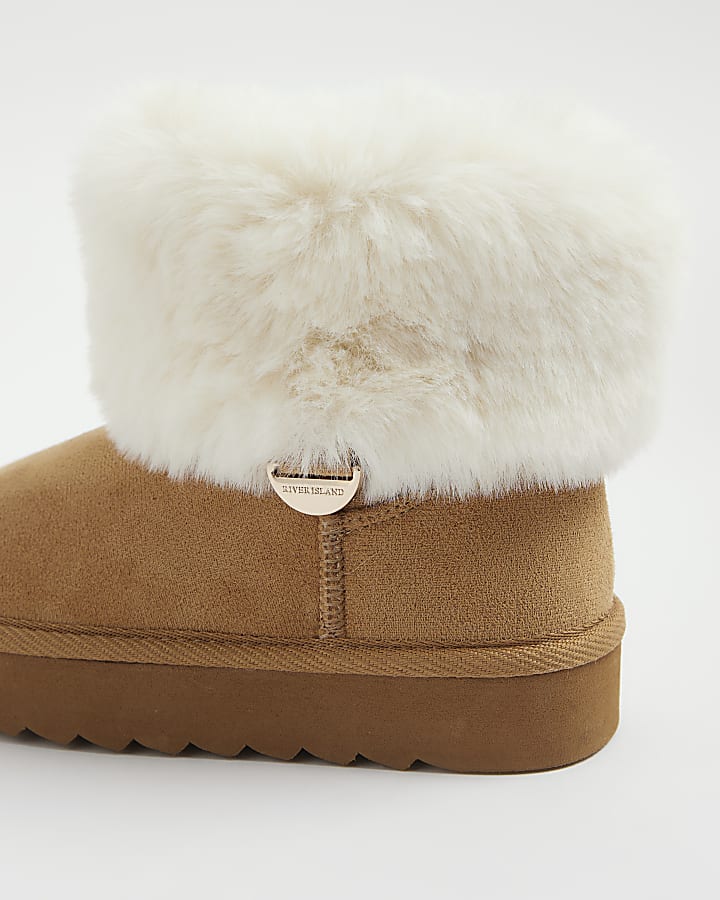 Girls Brown Fur Lined Fur Cuff Boots