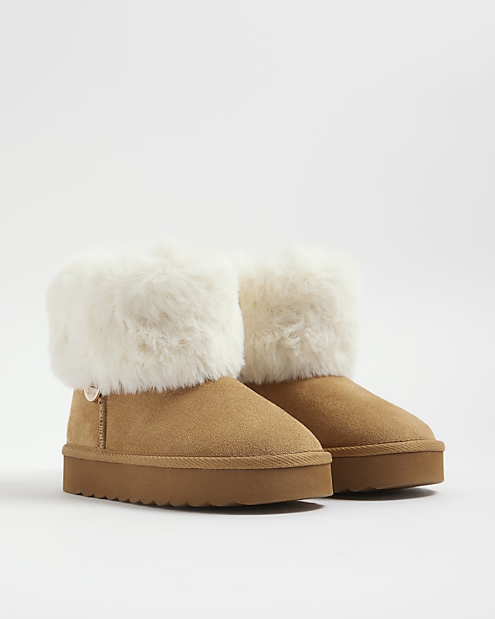 Girls Brown Fur Lined Fur Cuff Boots