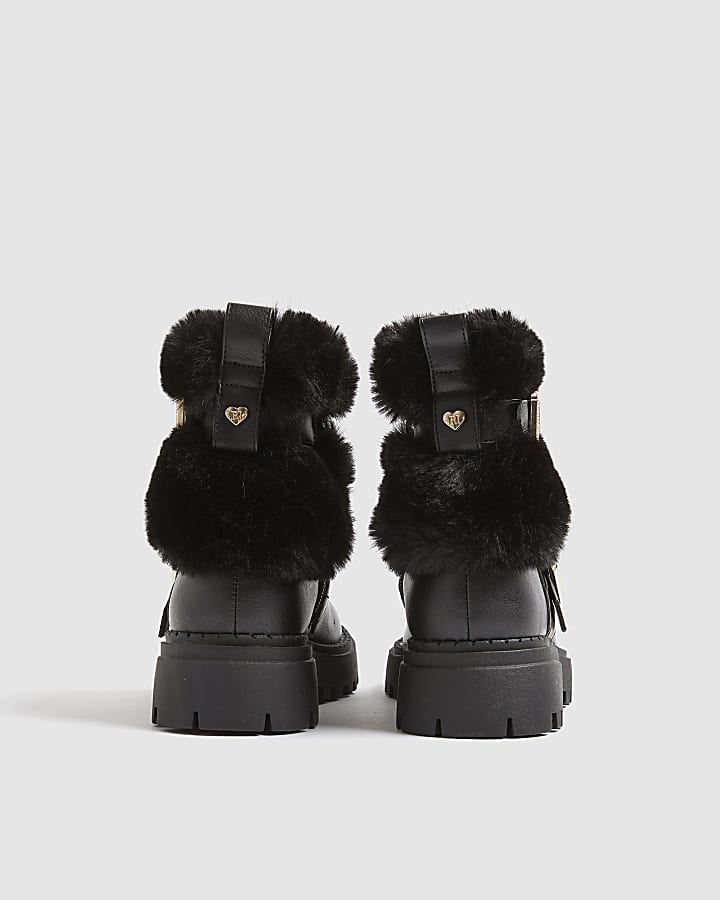 Girls Black Faux Fur Strap Boots