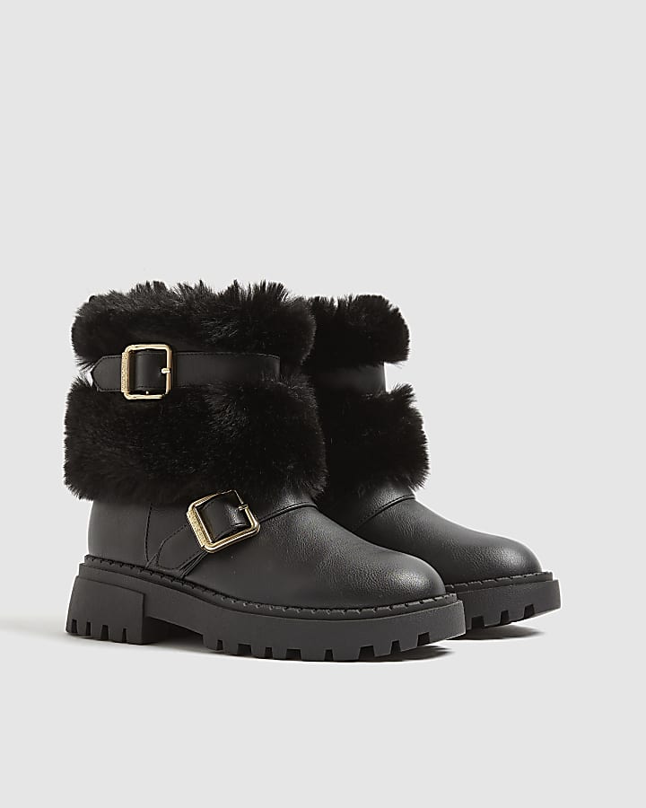 Girls Black Faux Fur Strap Boots