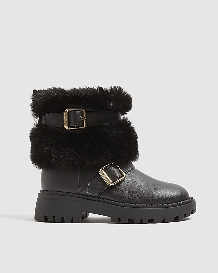 Girls Black Faux Fur Strap Boots
