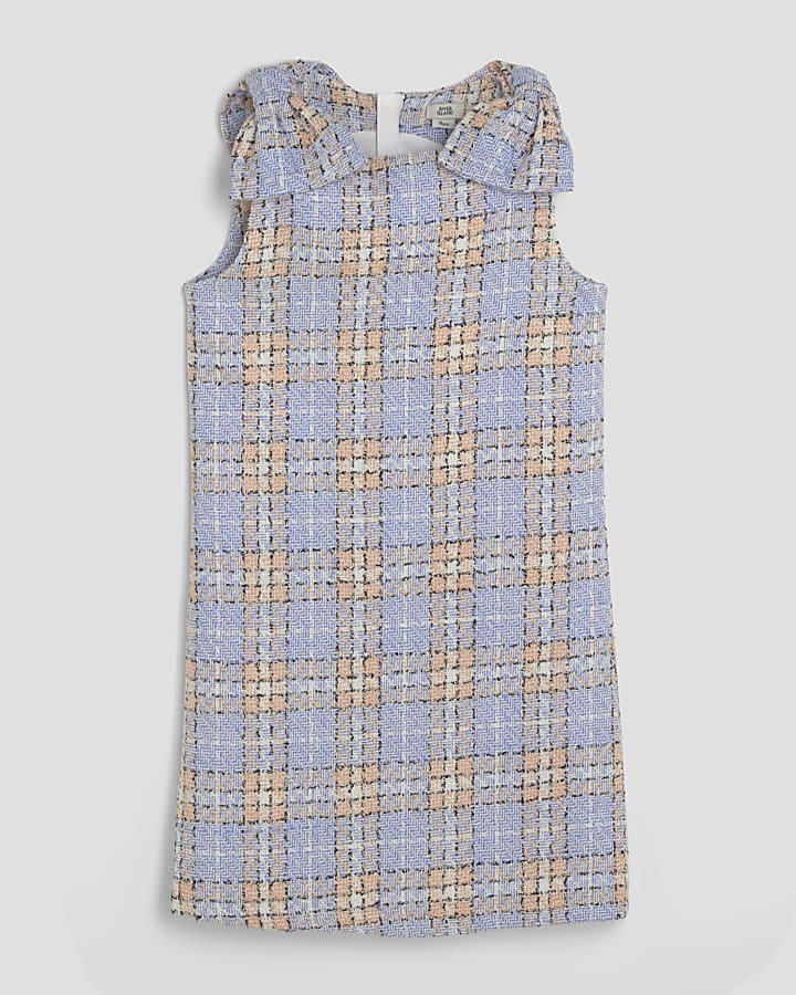 Girls Blue Bow Boucle Check Column Dress