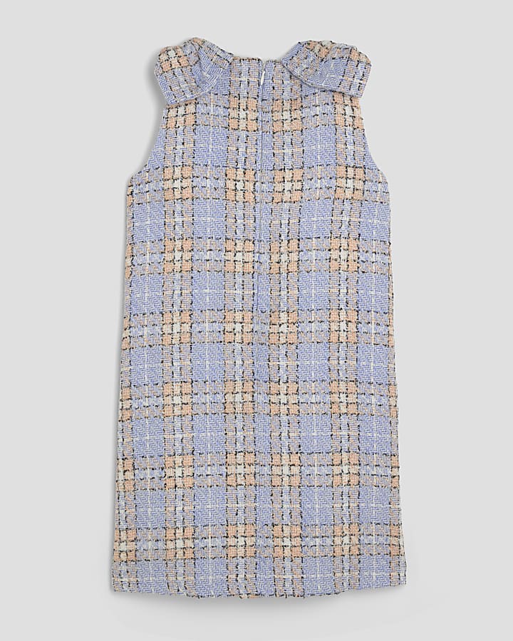 Girls Blue Bow Boucle Check Column Dress