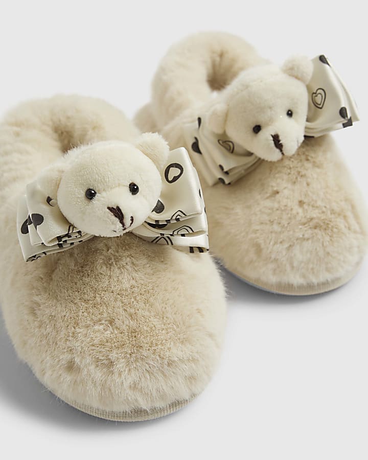 Mini Girls Cream Bear Bow Slippers